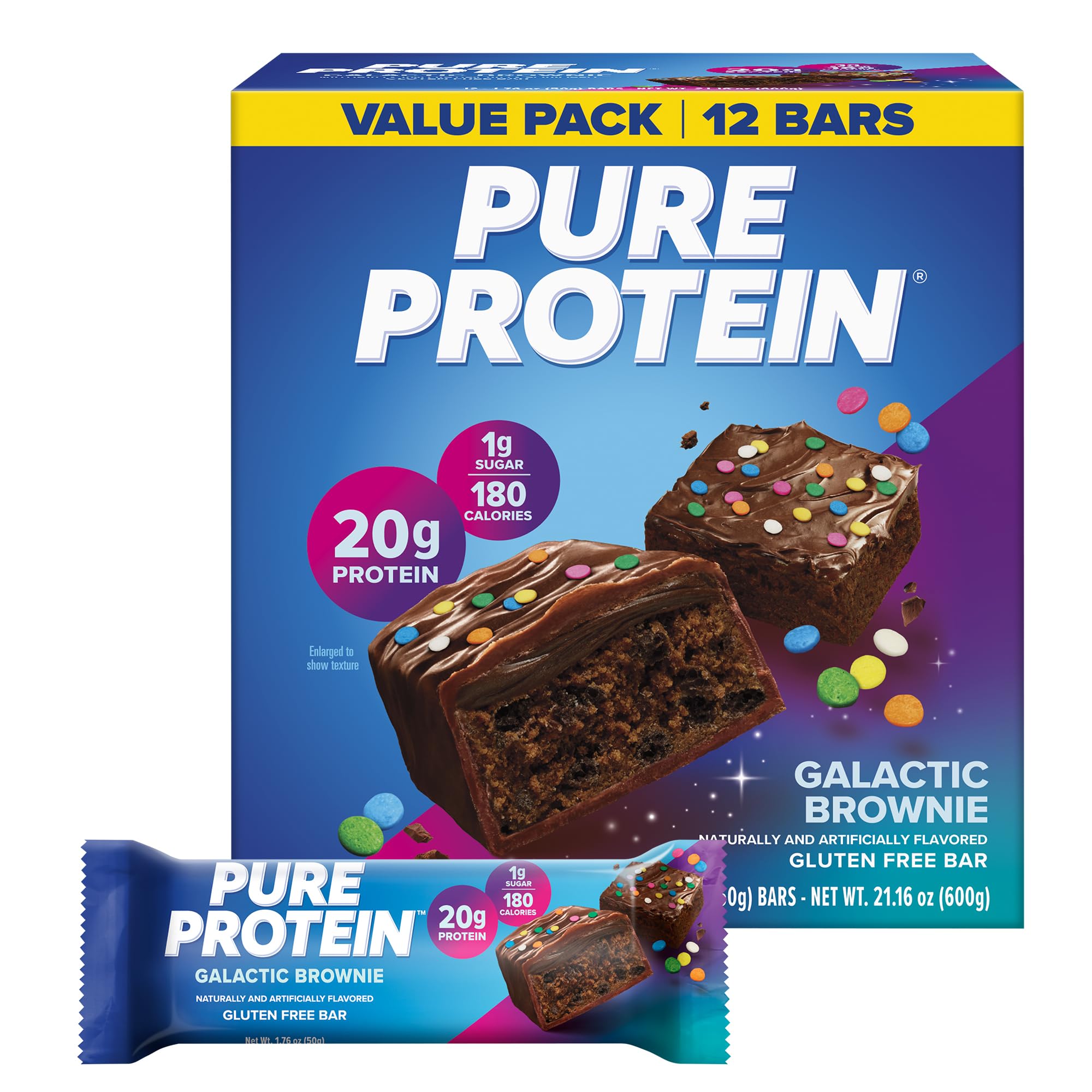Pure Protein Galactic Brownie Protein Bars - 20g Protein, Gluten Free, 12ct