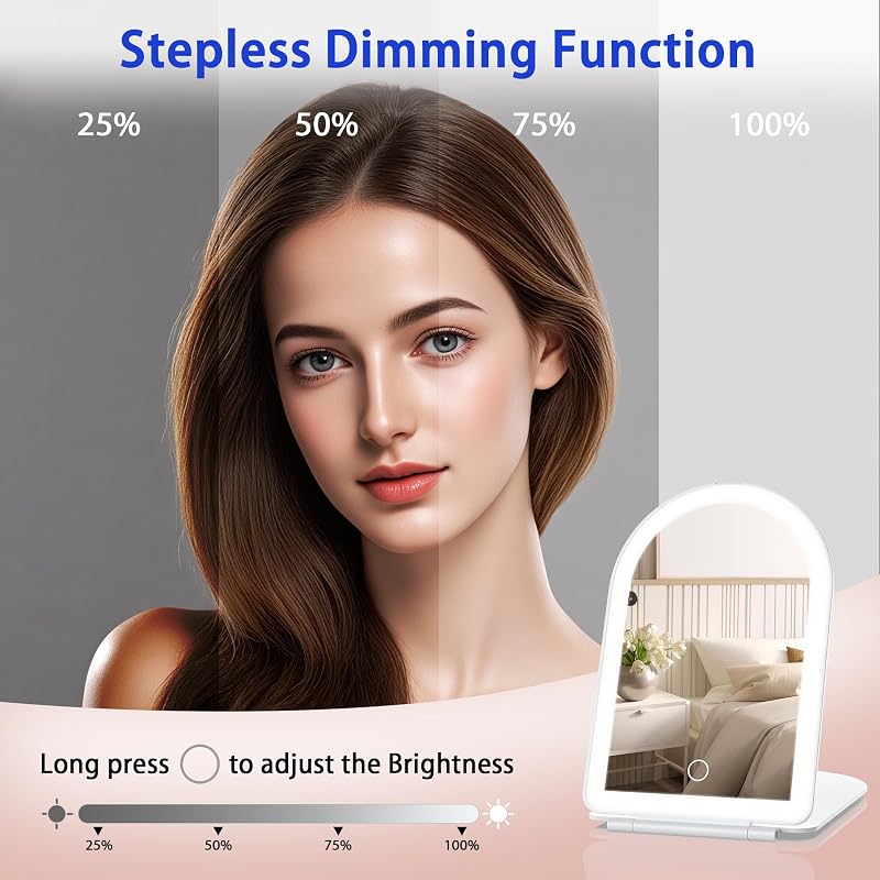 Specchio cosmetico con illuminazione, 10 interruttori touch, pieghevole da viaggio con 3 colori chiari, ad ultrasuoni con luce