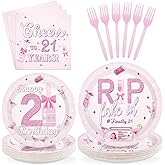 Greencian 96Pcs Happy 21st Birthday Decorations Young Cheers to 21 Years Plates and Napkins Rip Fake Id Finally 21 Birthday Decoration Favors for Girls 21 Years Old Bday Party Supplies Serves 24