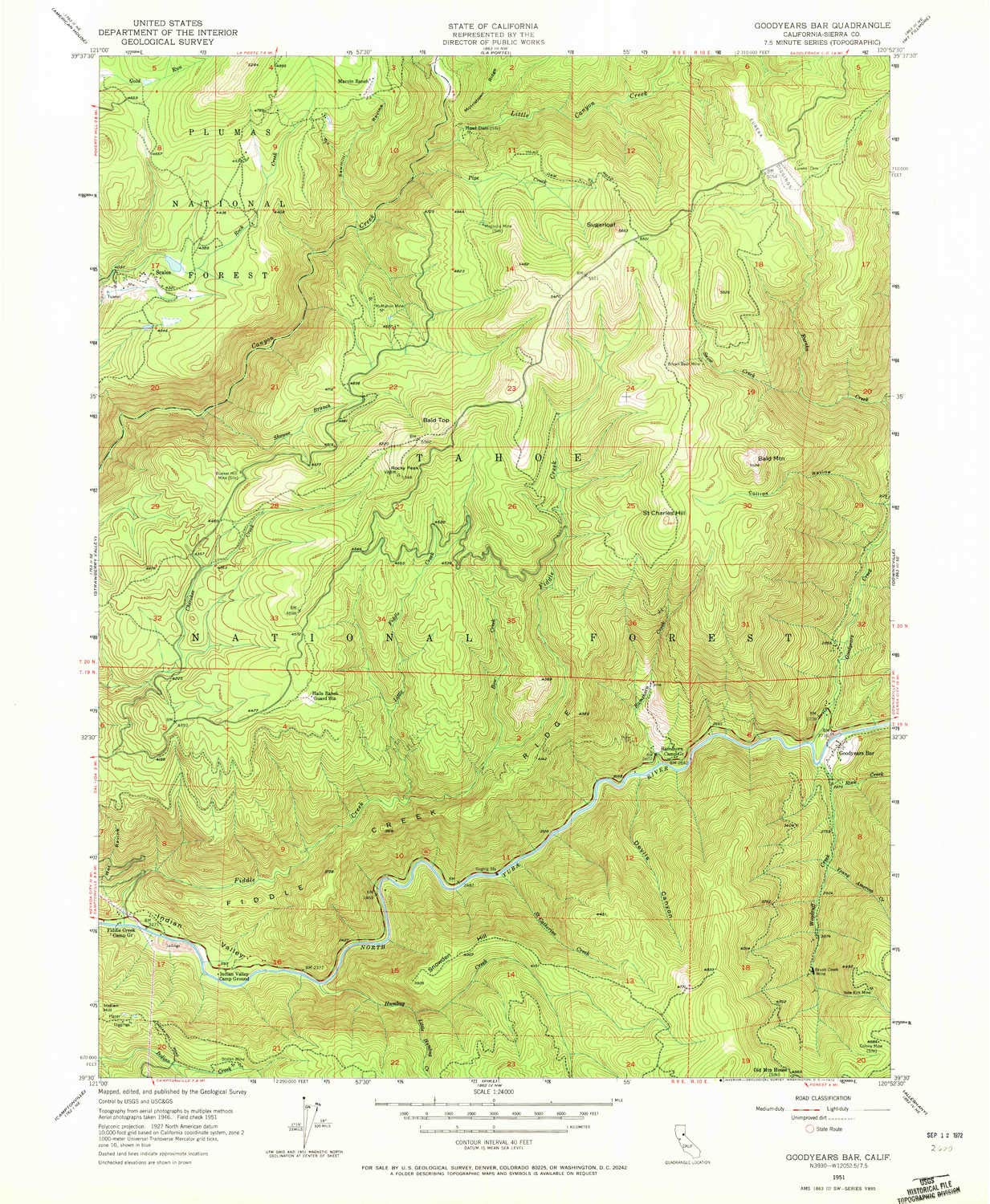 YellowMaps Goodyears Bar CA topo map, 1:24000 Scale, 7.5 X 7.5 Minute, Historical, 1951, Updated 1972, 26.8 x 22.1 in