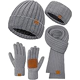 Women Winter Beanie Hat Scarf Gloves Headband Set, Fleece Lined Hat Ear Warmer Knit Long Scarf Touchscreen Gloves 4 Gift Set