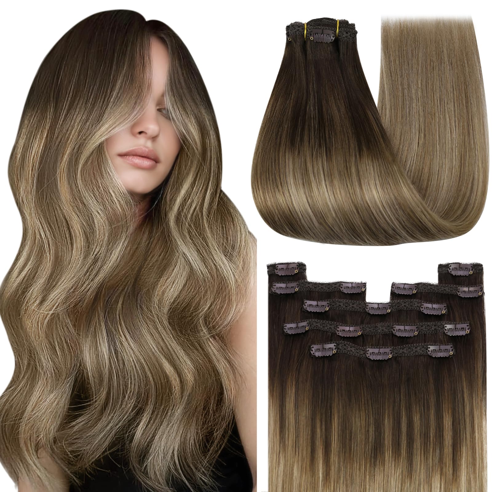YoungSee Clip in Human Hair Extensions Brown 22inch 120g Clip in Hair Extensions Real Human Hair Balayage Dark Brown with Blonde Clip Extensions for Women Silky Long Straight 7pcs — image 1