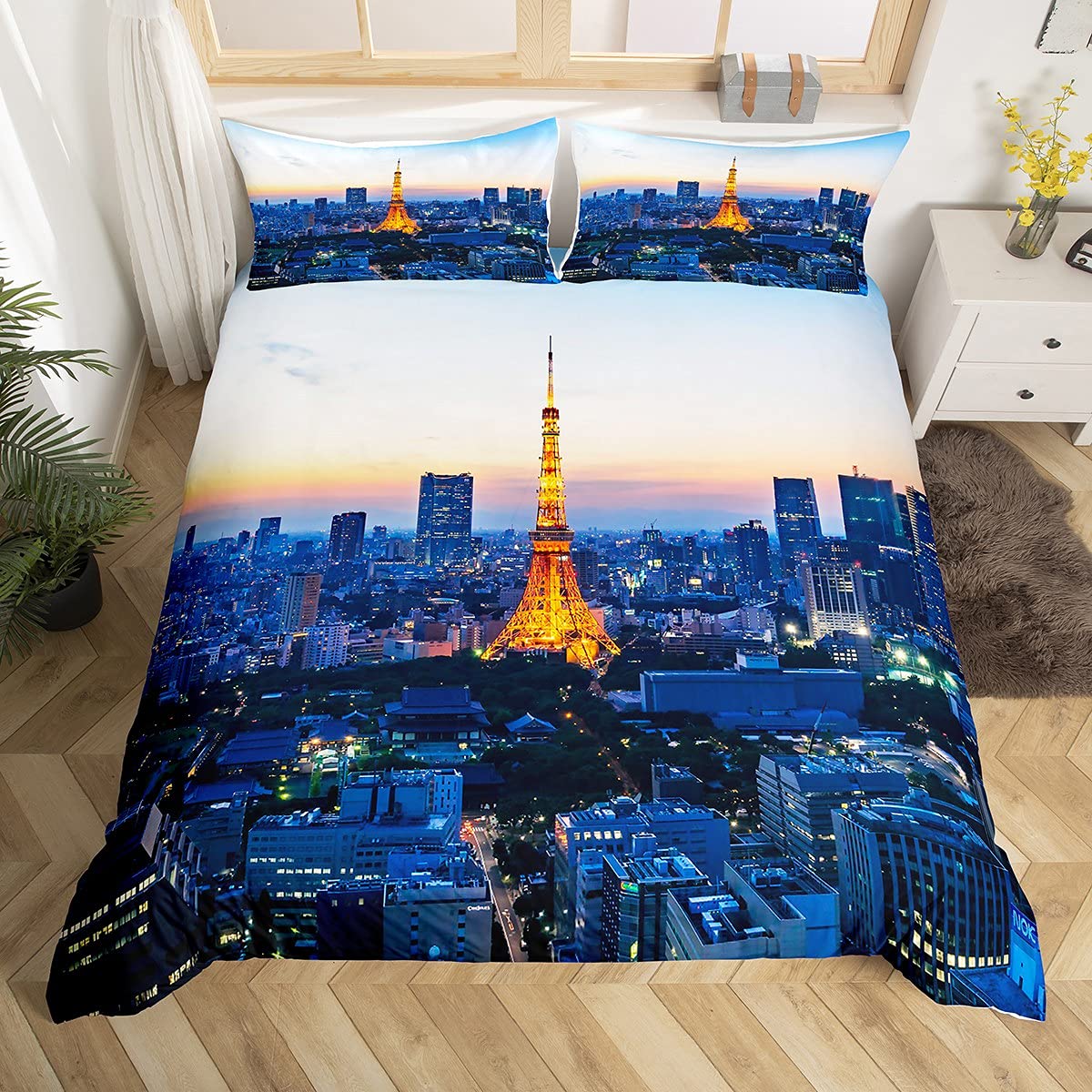 Loussiesd Boys Girls Duvet Cover Set King for Kids Teens Eiffel Tower Bedding Set 3D France Paris Landmarks Print Bed Cover Decorative Modern Cityscape Bedspread Cover Zipper Soft Gold Blue