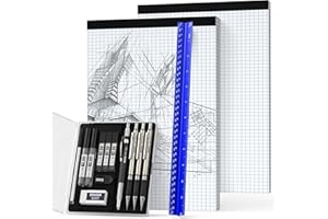 Nicpro 16PCS Drafting Tools with 12‘’ Aluminum Architect Scale Ruler, Mechanical Pencils 0.5, 0.7, 0.9 & 2mm, Lead Refills, 2 Pack Graph Paper Pad, Geometry Drawing Kit for Engineers Students Design