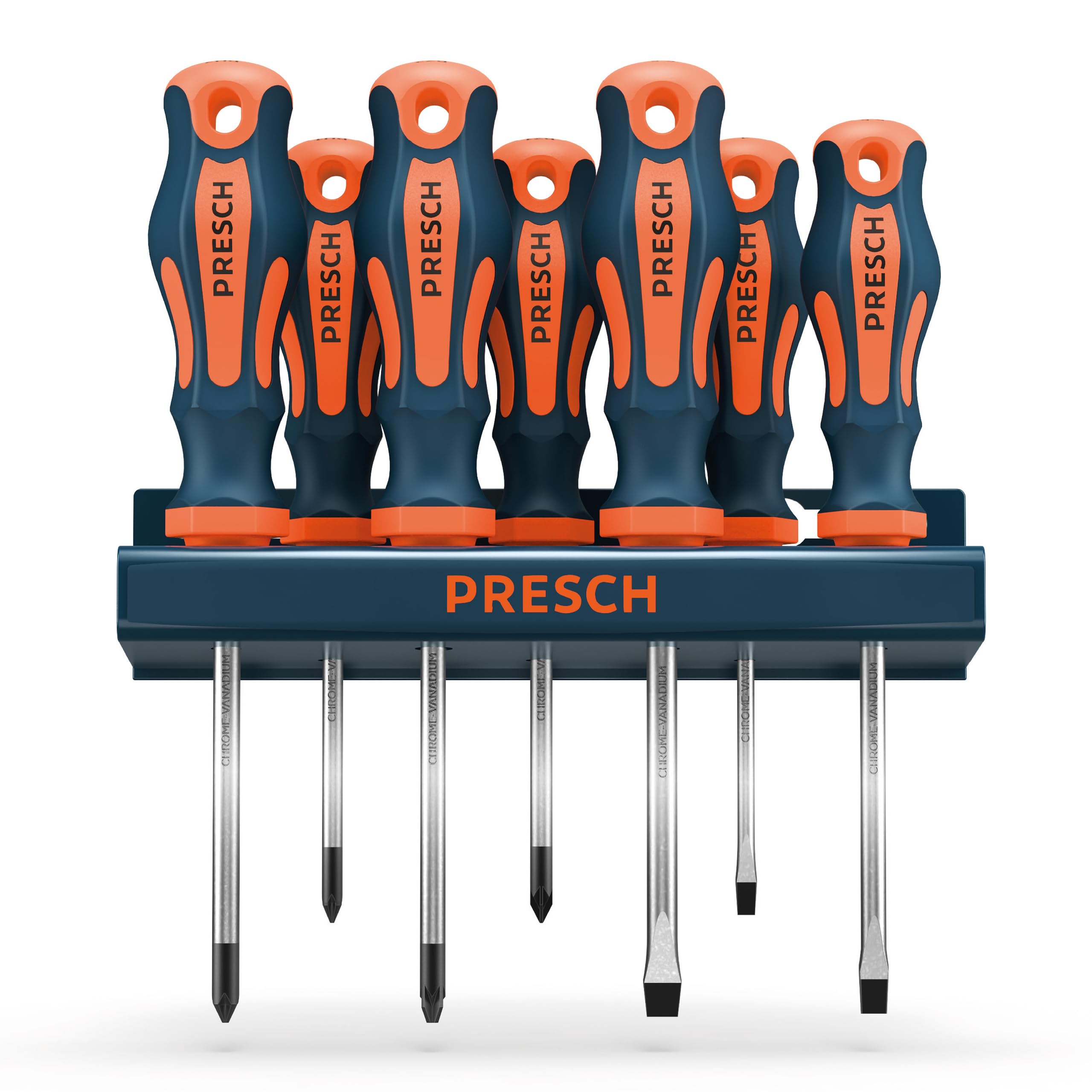 Presch Screwdriver Set 7 Pcs. - Magnetic Screwdrivers with Wall Storage Tool Rack in Slot/Flat and PH Head