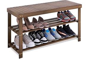 SMIBUY Bamboo Shoe Rack Bench, 3-Tier Shoe Organizer Storage Shelf for Entryway Hallway Bathroom Living Room (Walnut)