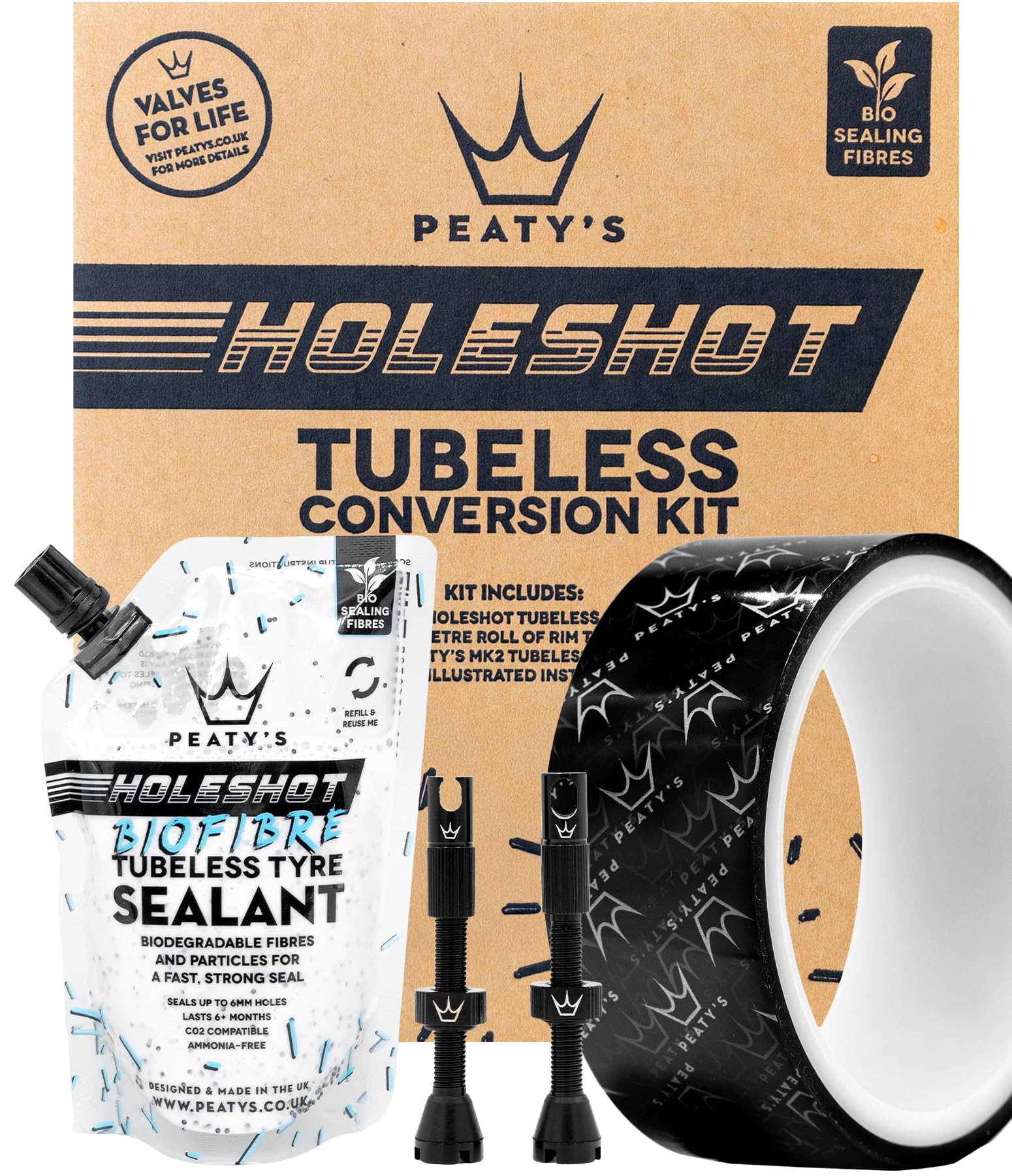 Peaty's Tubeless Wheel Conversion Kit - Enduro & DH (Wide) - 35mm Tape / 42mm Valves / 2x 120ml Holeshot Biofibre Sealant Pouch, Black