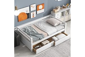 ROCKINGRUN Twin Daybed with 2 Storage Drawers,Pinewood Twin Size Daybed Frame with Guardrail,for Boys/Girls/Teens Bedroom, Easy to Assemble, No Box Spring Needed,White