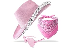 JICASTO Cowboy Hat Pink Cowgirl Hat with Sequins & Tiara Belt for Women Rodeo Party Hats with Heart Glasses