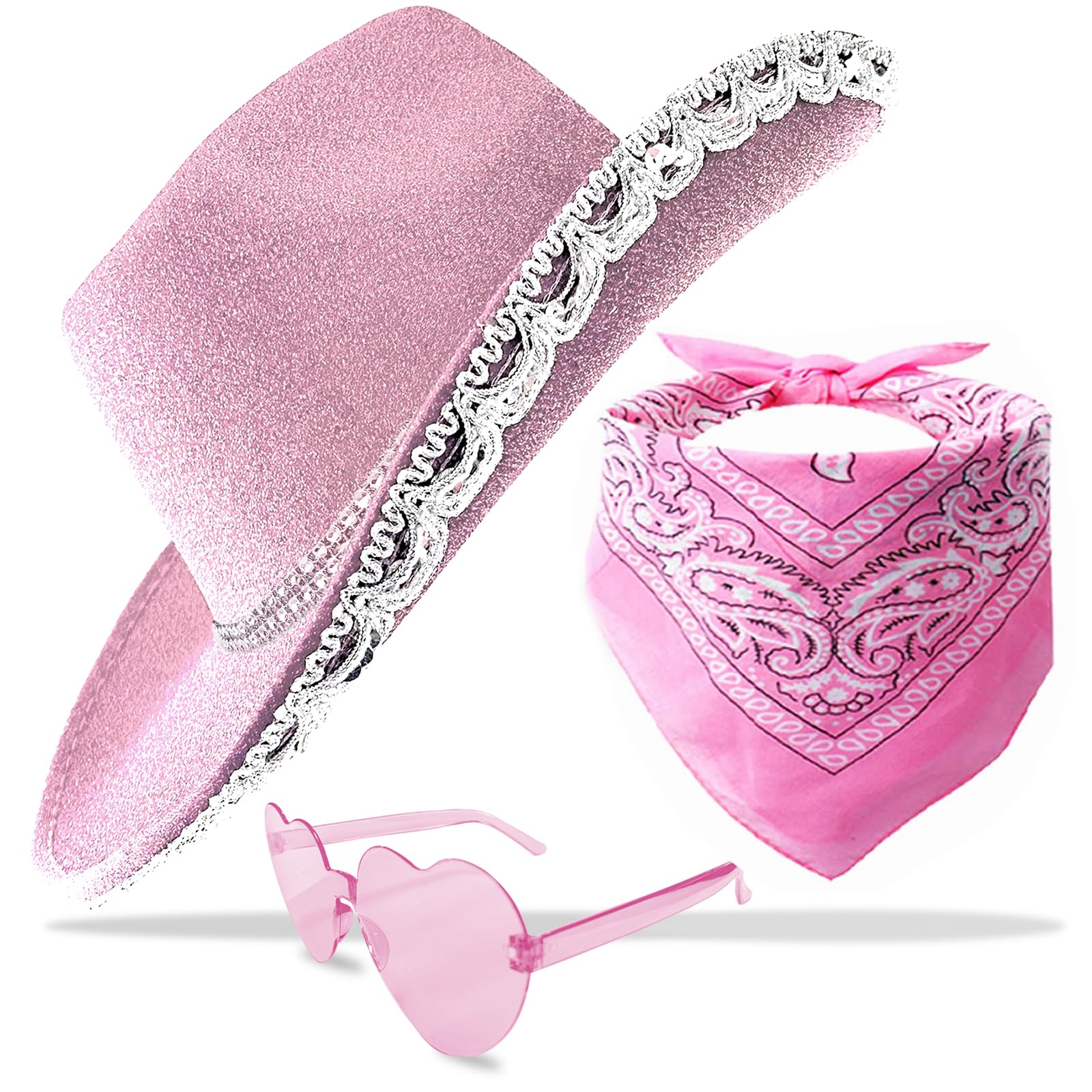 Photo 1 of JICASTO Cowboy Hat Pink Cowgirl Hat with Sequins & Tiara Crown for Women Rodeo Party Hats with Heart Glasses (100% Polyester, Pink)