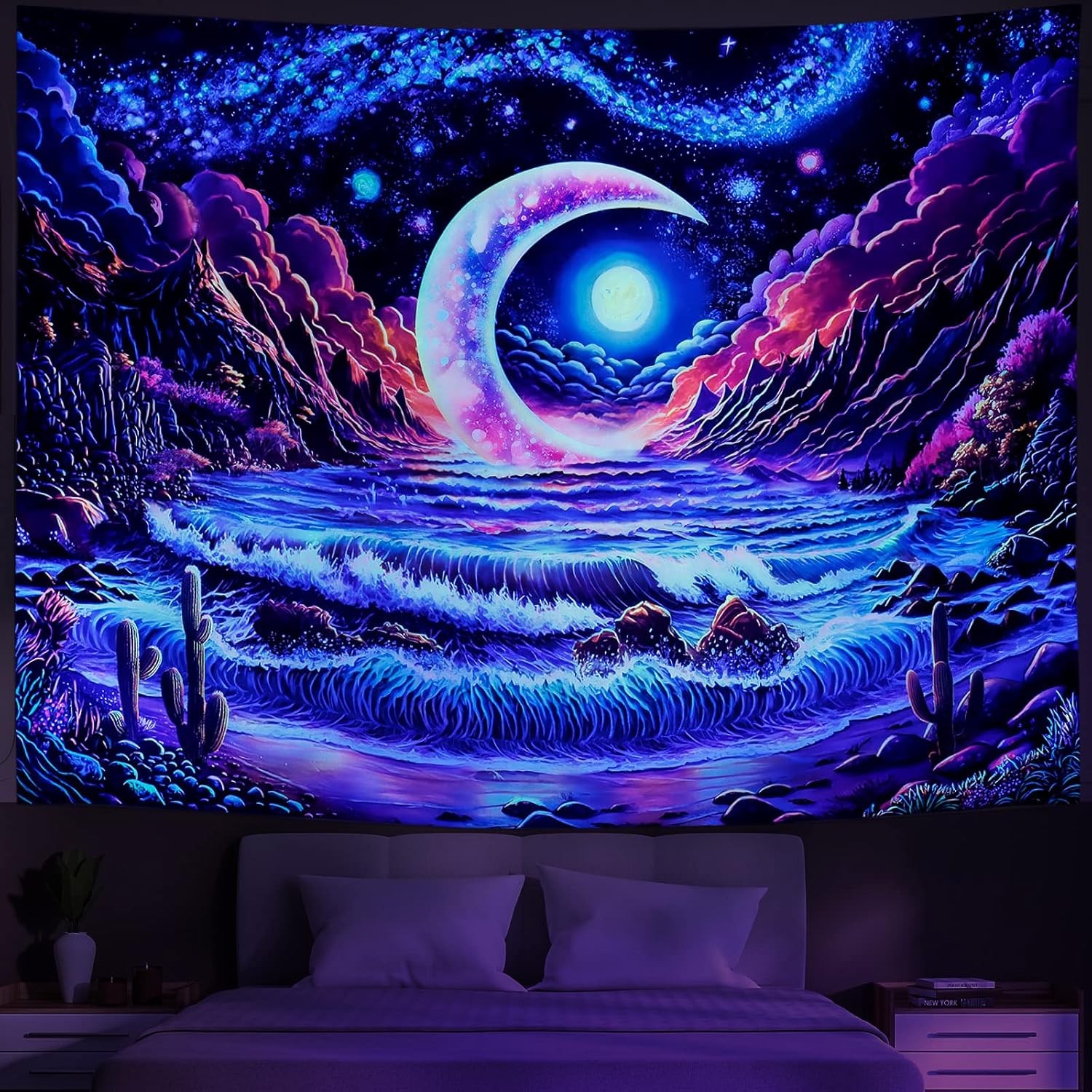 Tapestries - Huzuya Blacklight Galaxy Moon Tapestry Fantasy Ocean Wave Tapestry UV Reactive Mountain Plant Wall Tapestry Aesthetic Cloud Tapestries Mysterious Starry Sky Tapestry Wall Hanging for Bedroom