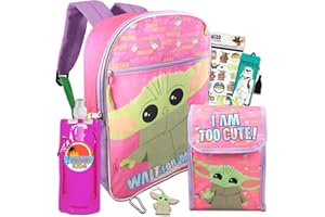 Fast Forward Baby Yoda Backpack with Lunch Box for Girls Set - Bundle with Baby Yoda Backpack, Baby Yoda Lunch Bag, Water Bottle, Stickers, Keychain, More | Star Wars Backpack for Girls