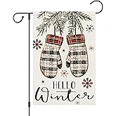 Louise Maelys Hello Winter Garden Flag Glove MittenDouble Sided 12x18 Inch Small Burlap Welcome Holiday Yard Outdoor Outside Home Decoration