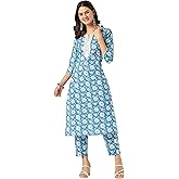 Janasya Indian Women's Cotton Blue Floral Print Casual Wear Kurta Set for Women