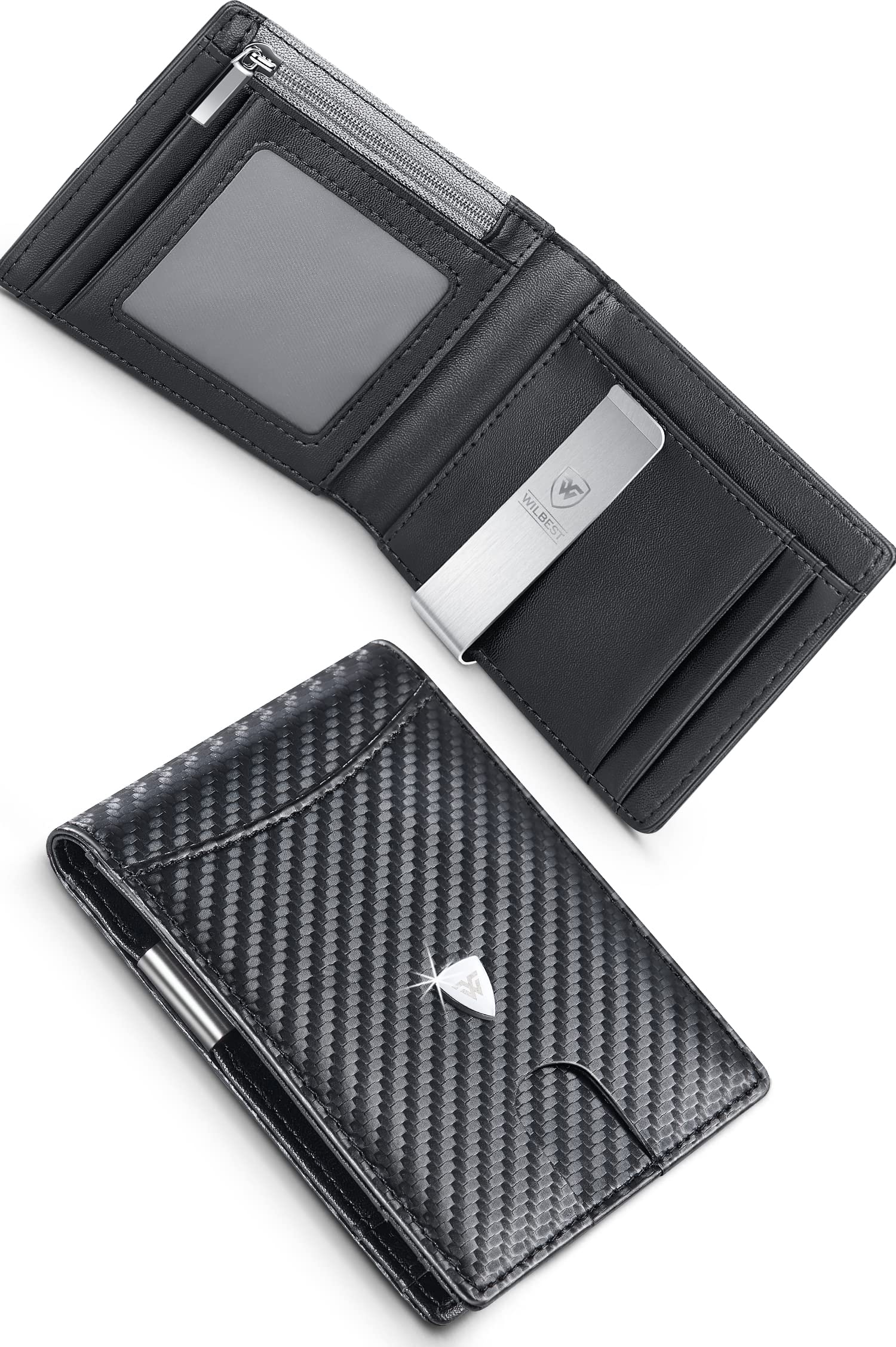 Wilbest® Mens Leather RFID Blocking Wallet with Money Clip, Coin Pocket, Card Holders & ID Window. Slim Bi-fold Carbon Fibre Wallet - Black