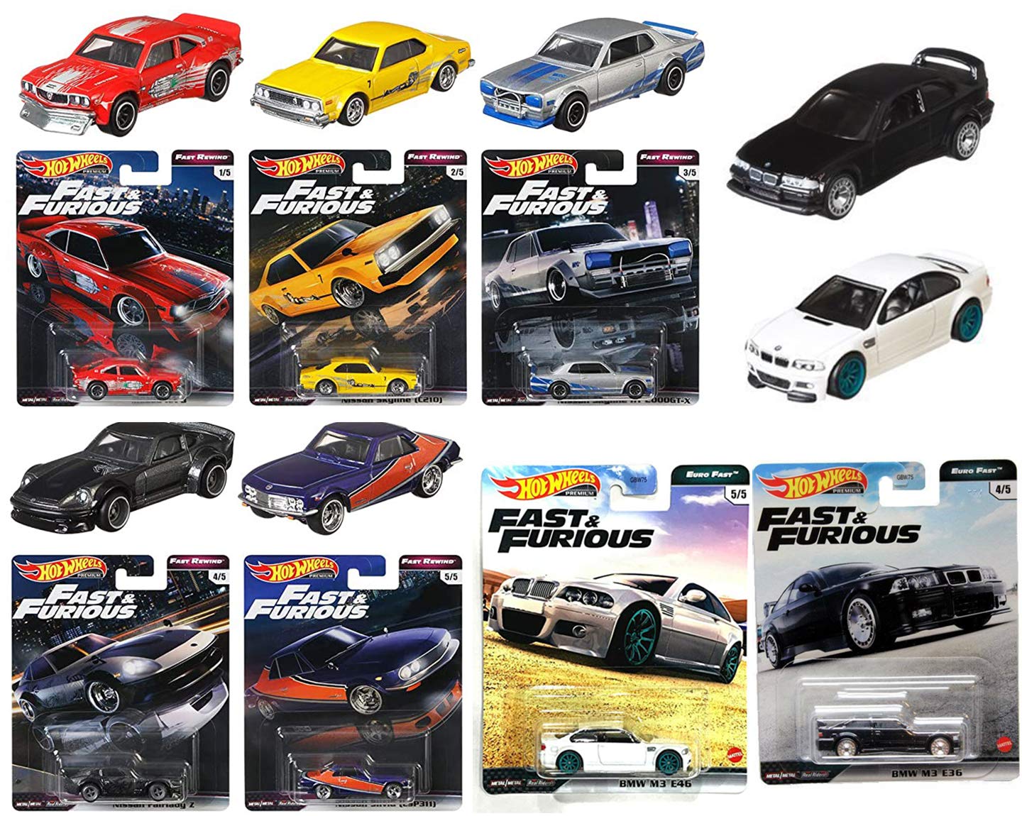7 Rewind Euro Fast Furious Premium Set Nissan Skyline Bundled with Fairlady + Silvia + Mazda + Beame