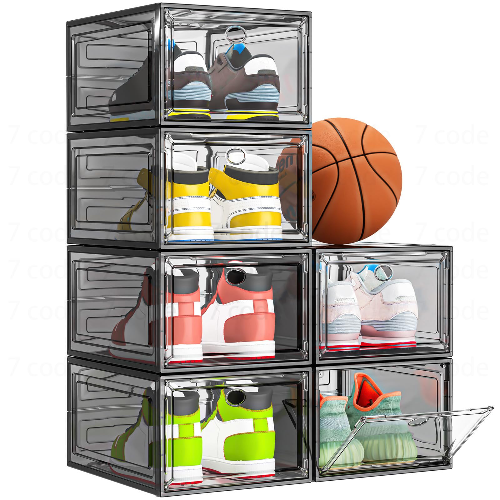 Photo 1 of 7 code Thicken & Sturdy Clear Shoe Storage Organizer with Magnetic Door, Stackable Boxes for Closet, Foldable Shoe Rack for Sneaker Boot Container, Plastic Shoe Cabinet Shoe Box 6 Pack, Black