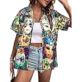 Mardi Gras T-Shirt Hawaii Shirts Women Street Carnival Themed Masks Graphic Tees Beach Vacation Short Sleeve Button Up Tops