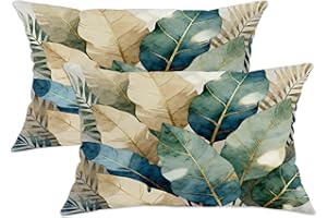 Leaves Throw Pillow Covers Set of 2, Botanical Modern Foliage Gold Accents Fall Green Soft Velvet Washable Decorative Pillow 