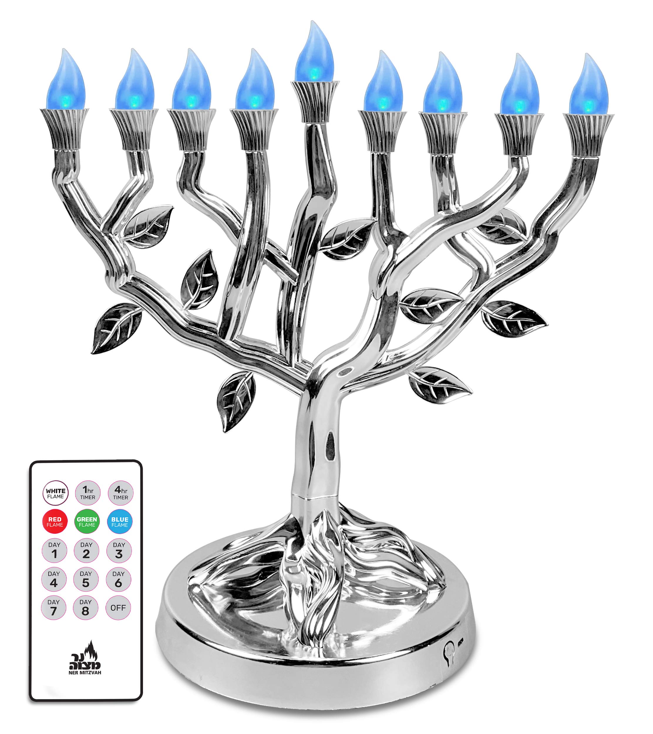 Photo 1 of Ner Mitzvah LED Electric Hanukkah Menorah - Color Changing LED Tree of Life Chanukah Menorah with Remote - Battery or USB Powered - Batteries and USB Cord Included - Silver