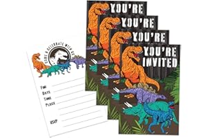 BIRTHDAY GALORE Dinosaur T-Rex Birthday Party Invites For Boys and Girls - 20 Count of 4 x 6 Inch Double Sided Fill-In Invitations With Wet To Seal Envelopes