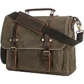 Men's Vintage Leather Messenger Bag 15.6 inch Laptop Briefcase, Waxed Canvas & Genuine Leather, Business Shoulder Satchel