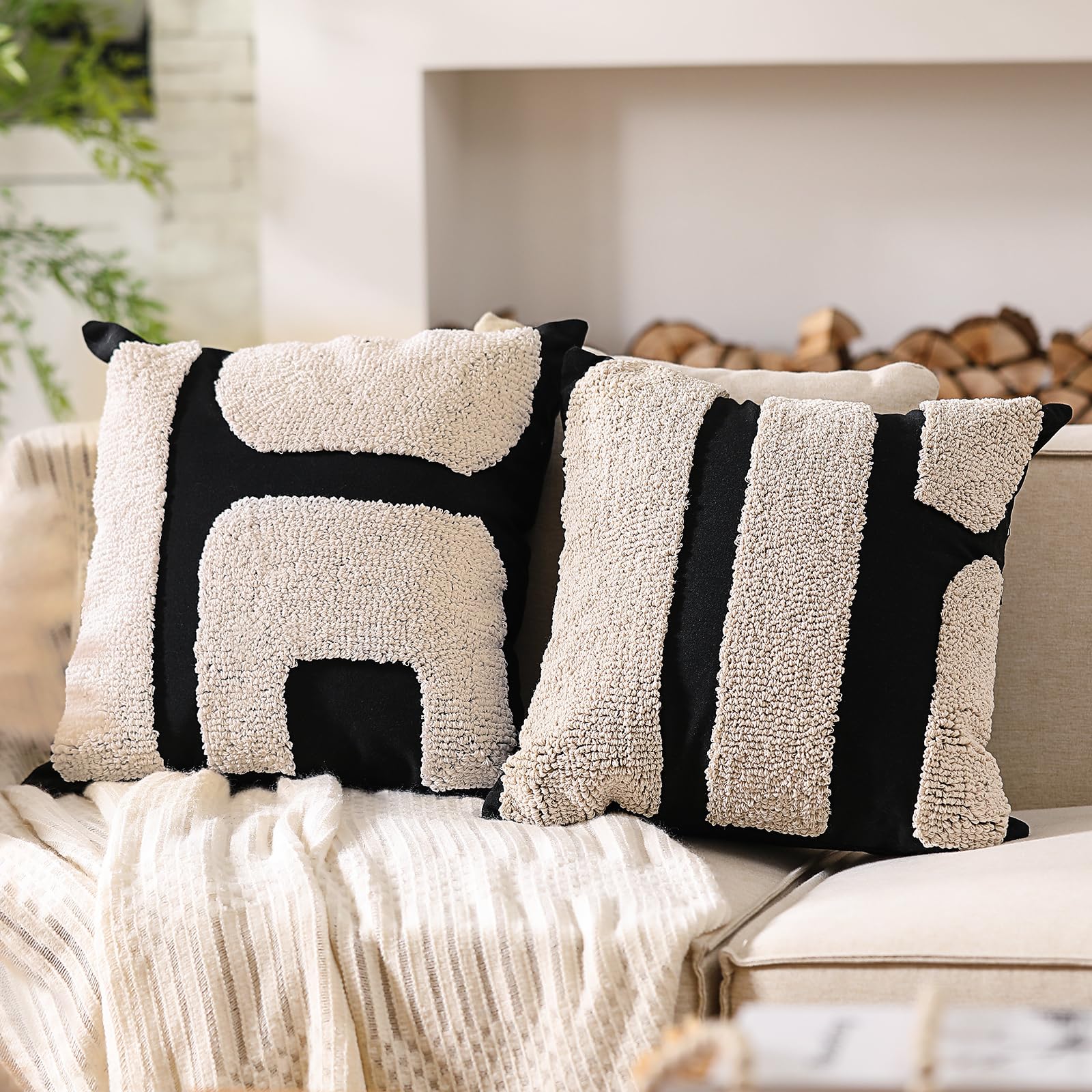 View 1 of ***(HEAVILY USED/ MINOR DAMAGE)***Oudain 2 Pcs Christmas Black and White Tufted Pillow Covers Boho Chunky Geometric Decorative Throw Pillow Case 18 x 18 Inches Abstract Pillowcases for Bed Couch(Black,White,Classic Style)