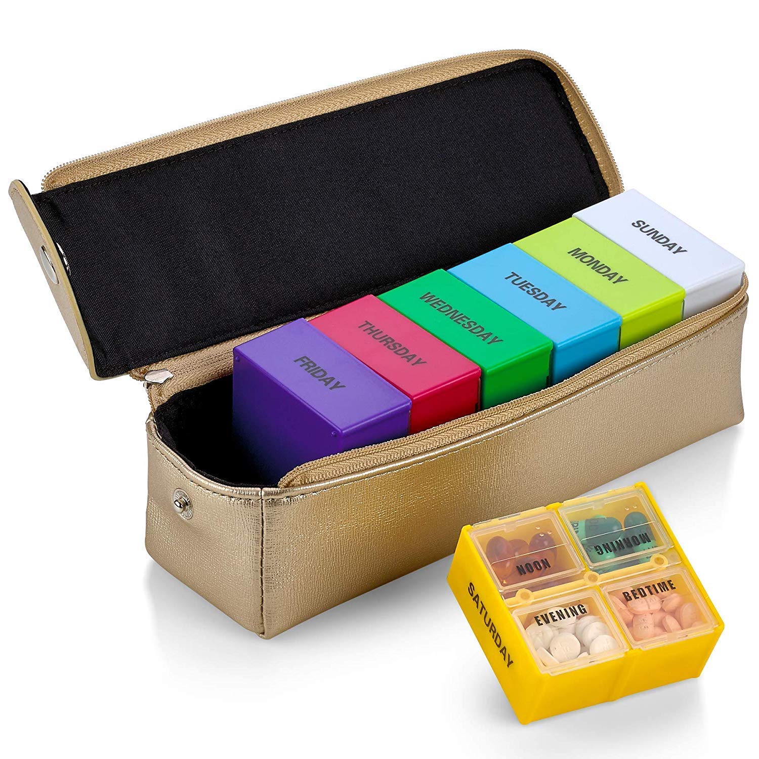 Large Weekly Pill Organizer Box in Gold Leather Case - 7 Day Week Pill Planner Organizers & Medication Reminder with 4 Times a Day - Daily Compartments that is Ideal for Travel by MEDca