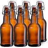 California Home Goods 16 Ounce Glass Brewing Bottles with EZ Caps for Beer, Kombucha, Amber, Reusable (Set of 6)