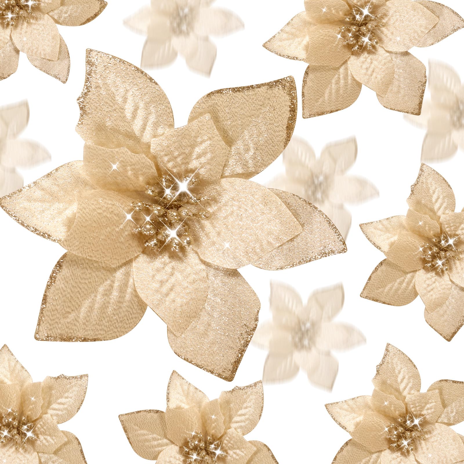 36 Pcs 3 Size Christmas Poinsettia Christmas Tree Flowers Glitter Faux Flowers Decoration Artificial Poinsettia Ornaments For Christmas New Year Home Outdoor Decoration (Champagne,3/ 4/ 6 Inch) โ image 1