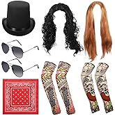 Cindeer 8 Pcs Halloween 80s Rocker Costume Men Set Include Rocker Slash Wig Black Top Hat Temporary Tattoo Sleeves Bandana Sunglasses for Men Rock Costume 80s Outfit Punk Party Disco Cosplay
