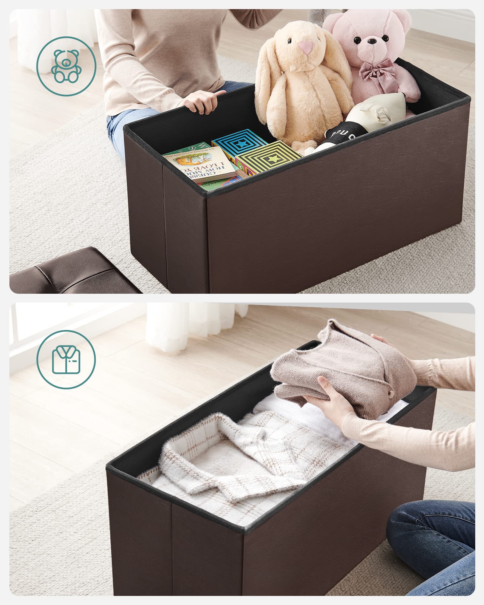 SONGMICS MAZIE Collection - 30 Inches Storage Ottoman Bench with Flipping Lid, Storage Chest Footstool, Load 660 lb, for Entryway, Living Room, Bedroom, Synthetic Leather, Brown ULSF45BR