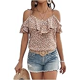 SweatyRocks Women's Ruffle Cold Shoulder Tops Floral Print Short Sleeve Summer Boho Blouses