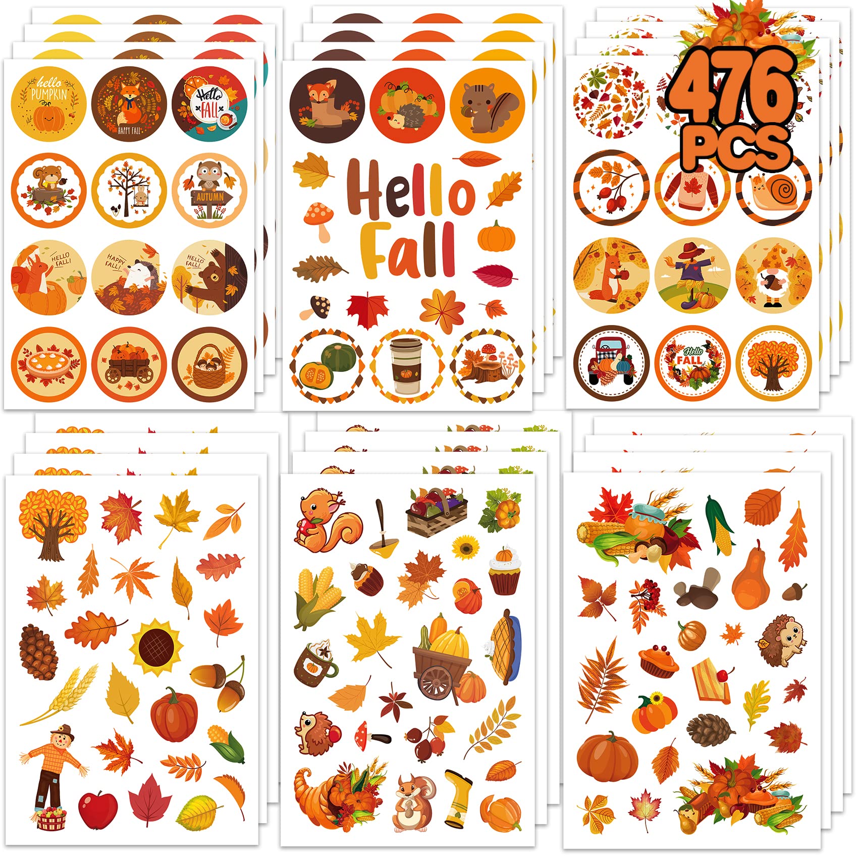 MISS FANTASY Hello Fall Stickers for Kids - Autumn Bulk Thanksgiving Pumpkin and Maple Leaves for Cards/Envelopes/Gift - Party Supplies