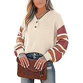 CUPSHE Womens Long Sleeve V Neck Sweaters Loose Knit Striped Button Up Chunky Oversized Pullover Sweater