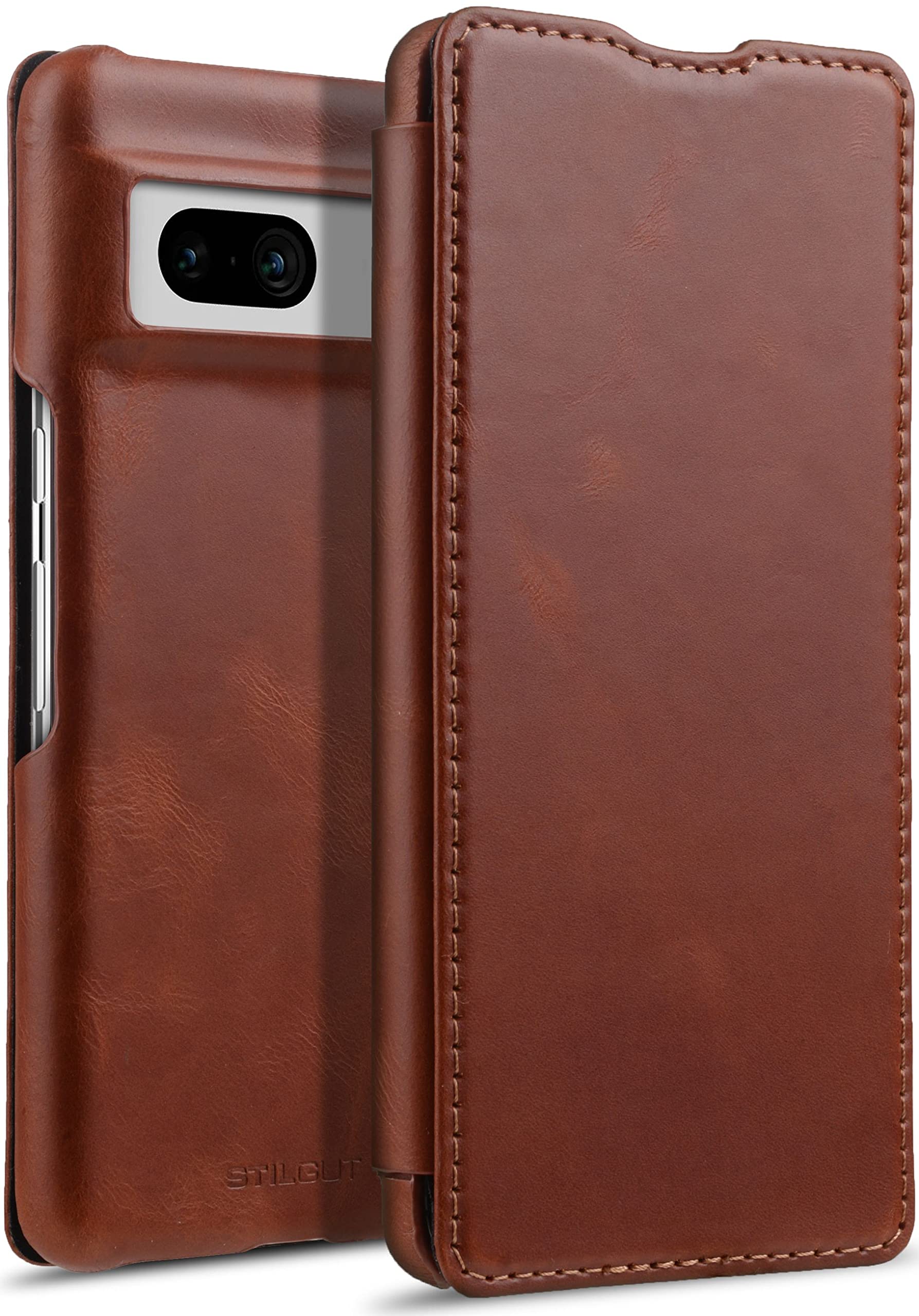 StilGut Book Case Compatible with Google Pixel 7 Leather Flip Phone Case, Phone Cover, Mobile Phone Cases Cognac