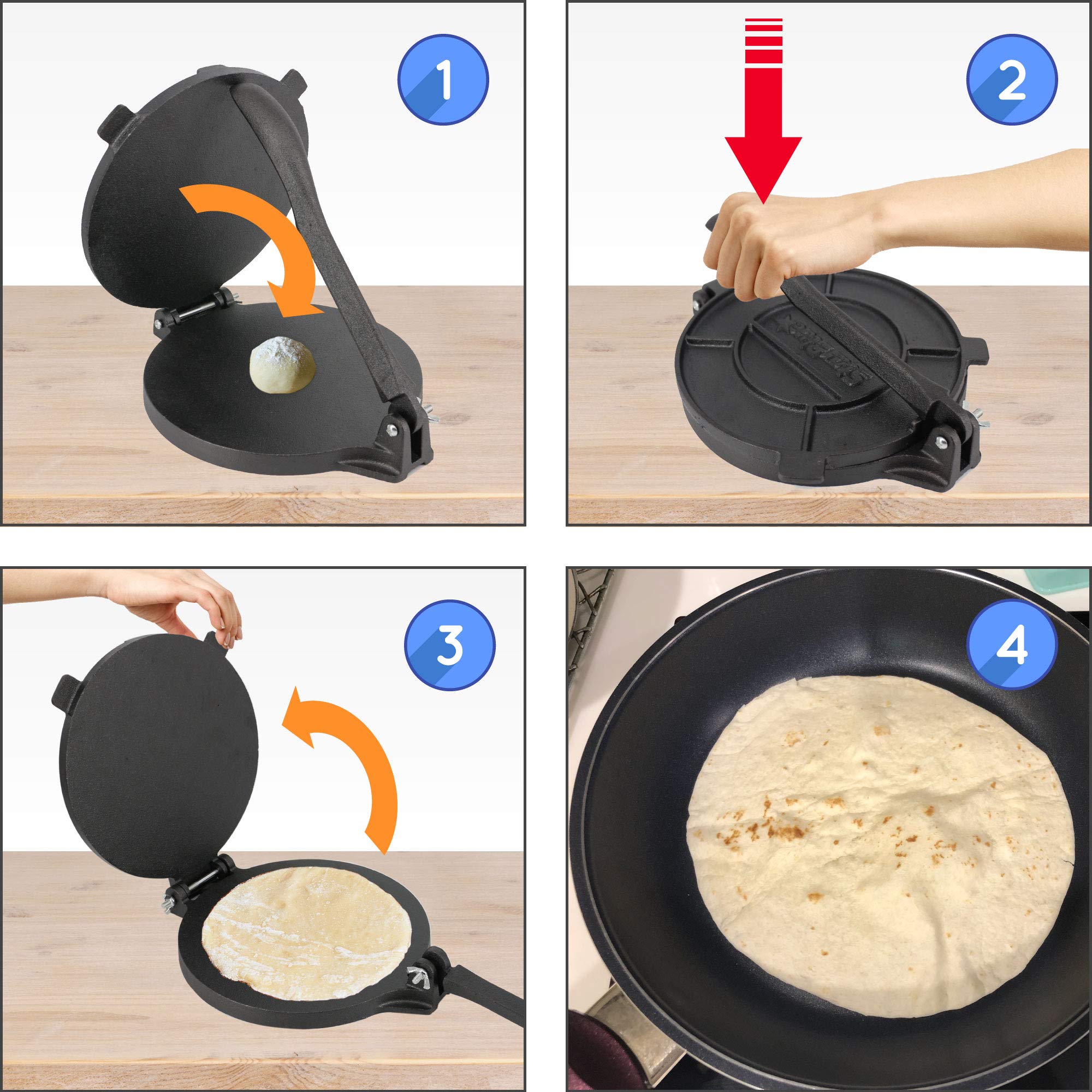 8 Inch Cast Iron Tortilla Press by StarBlue with FREE 100 Pieces Oil Paper and Recipes e-book - Tool to make Indian style Chapati, Flour Tortilla, Roti