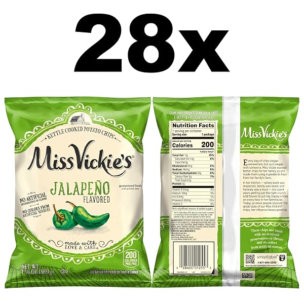MISS VICKIE’S KETTLE COOKED POTATO CHIPS, JALAPENO, 1.375 OUNCE (PACK OF 28)