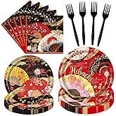 Lovarywow Japanese Hibachi Party Decorations, 96PCS Hibachi Party Plates Napkins and Forks Disposable Tableware Set, Asian Japanese Style Paper Fans Birthday Supplies Decor Serve 24