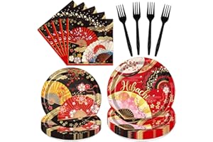 Lovarywow Japanese Hibachi Party Decorations, 96PCS Hibachi Party Plates Napkins and Forks Disposable Tableware Set, Asian Japanese Style Paper Fans Birthday Supplies Decor Serve 24