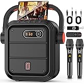 JYX Karaoke Machine with 2 Wireless Microphones, Portable Bluetooth Speaker PA System with Shoulder Strap, Subwoofer Support TWS, USB, Radio, AUX, REC, Bass&Treble for Home Party/Meeting/Adults/Kids