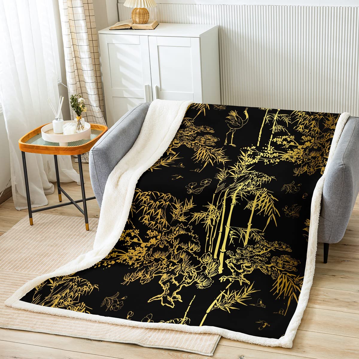 Luxury Black Gold Bamboo Blanket For Man, Woman & Senior - Oriental Botanical Theme, Fashion Flannel Fleece - Single 50x60 Inch