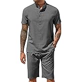 COOFANDY Men's 2 Pieces Set Short Sleeve Henley Shirts and Shorts Pants Texture Summer Beach Vacation Outfits