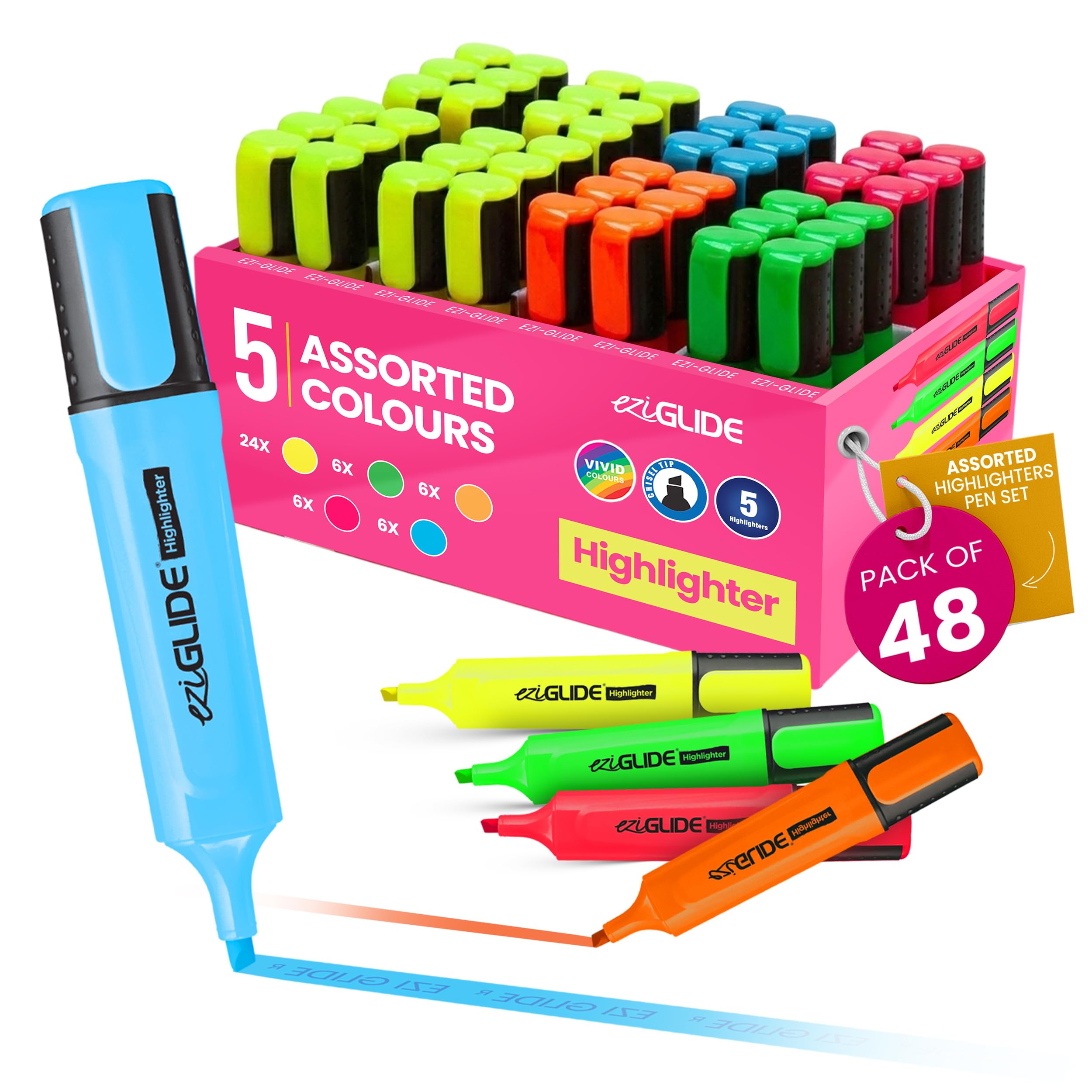 Eziglide Highlighters Pens 48-Pack, 5 Assorted Colours - Neon Assorted Chisel Tip Marker for Bold & Fine Marking, 1-4.5mm Line for Clear Marking, Ideal for Schools, Universities, & Offices