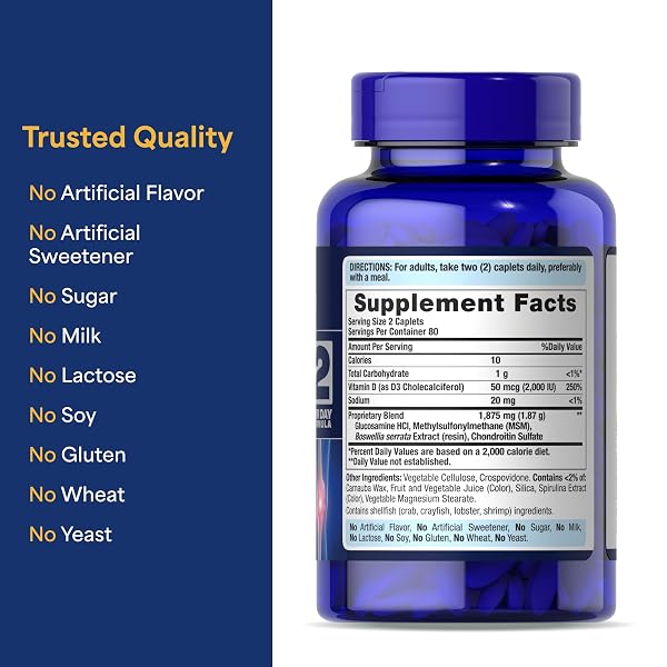 PURITAN’S PRIDE ADVANCED GLUCOSAMINE CHONDROITIN MSM WITH VITAMIN D3 50MCG (2000 IU), DIETARY SUPPLEMENT FOR JOINT HEALTH, 80 SERVINGS, 160 COATED TABLETS