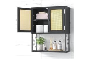 MONVANE Bathroom Medicine Cabinet - Bathroom Wall Cabinet with Doors and Shelves for Bathroom, Kitchen, Bedroom and Living Room, Small Rattan Cabinet - Black