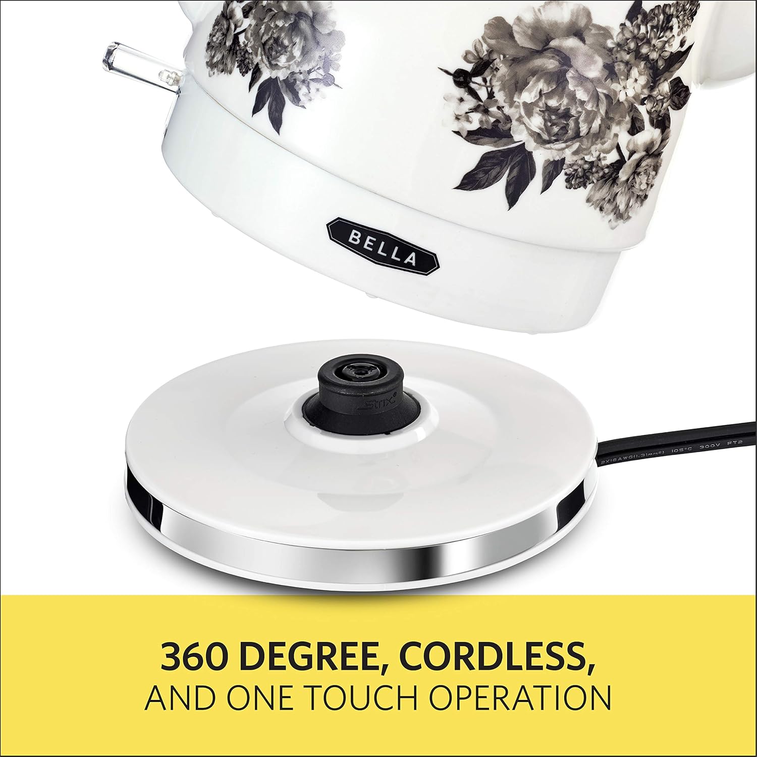 BELLA 1.5 Liter Electric Ceramic Tea Kettle with Boil Dry Protection & Detachable Swivel Base, Black Floral: Kitchen & Dining