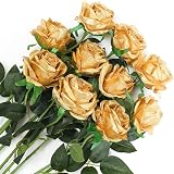 Veryhome 10 Pcs Artificial Roses Silk Flowers Single Stem Bridal Bouquet Gold
