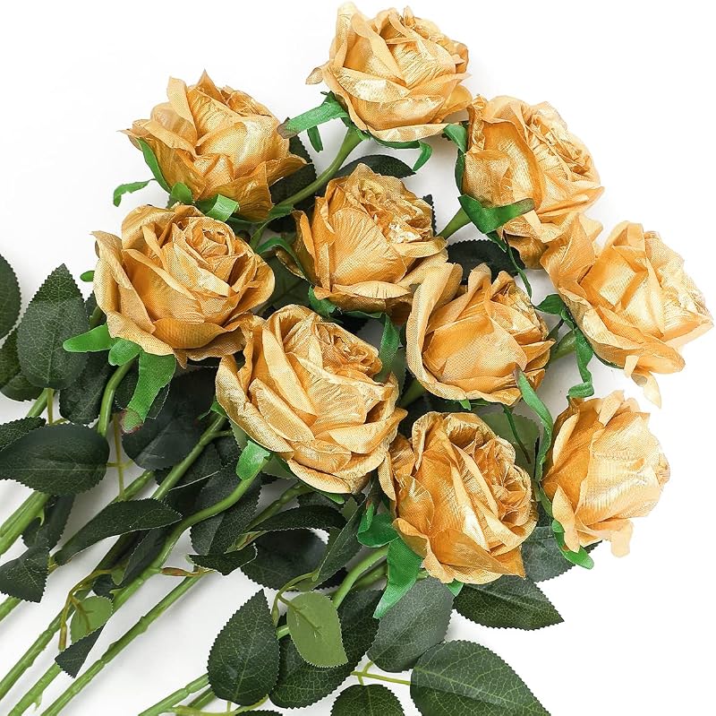 Veryhome 10 Pcs Artificial Roses Silk Flowers Single Stem Bridal Bouquet Gold