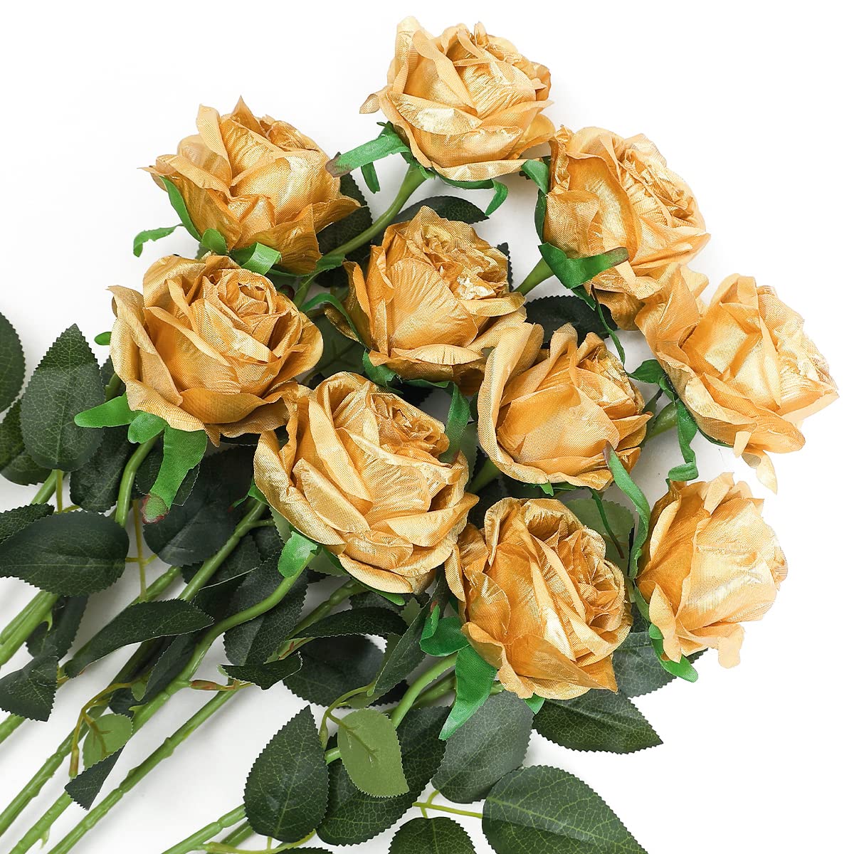 Veryhome 10 Pcs Artificial Roses Silk Flowers Fake Single Stem Blooming Rose Bridal Bouqets For Wedding Home Birthday Party Arrangment Garden Decoration (Gold)